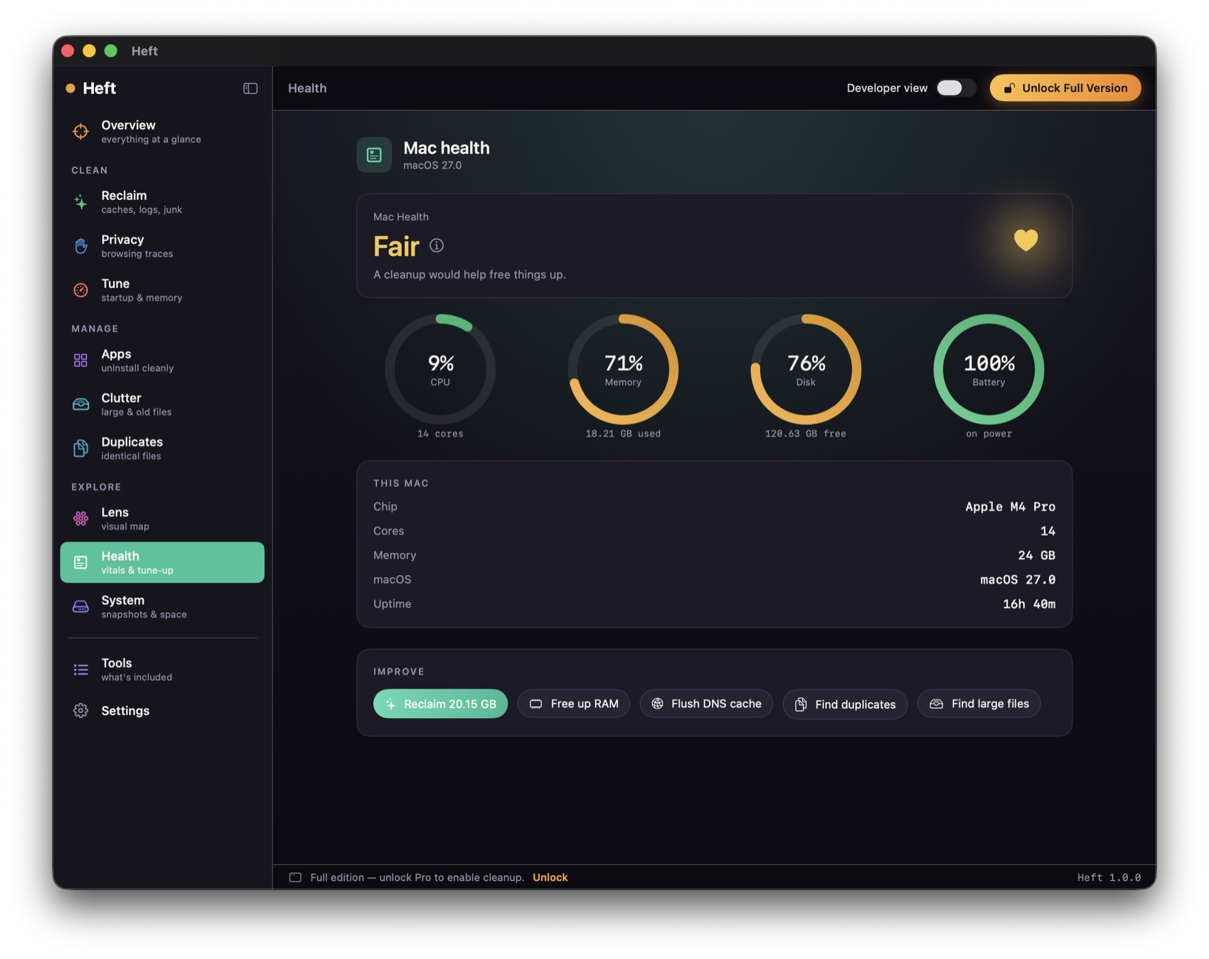 Heft Health — disk, memory, CPU, and battery at a glance