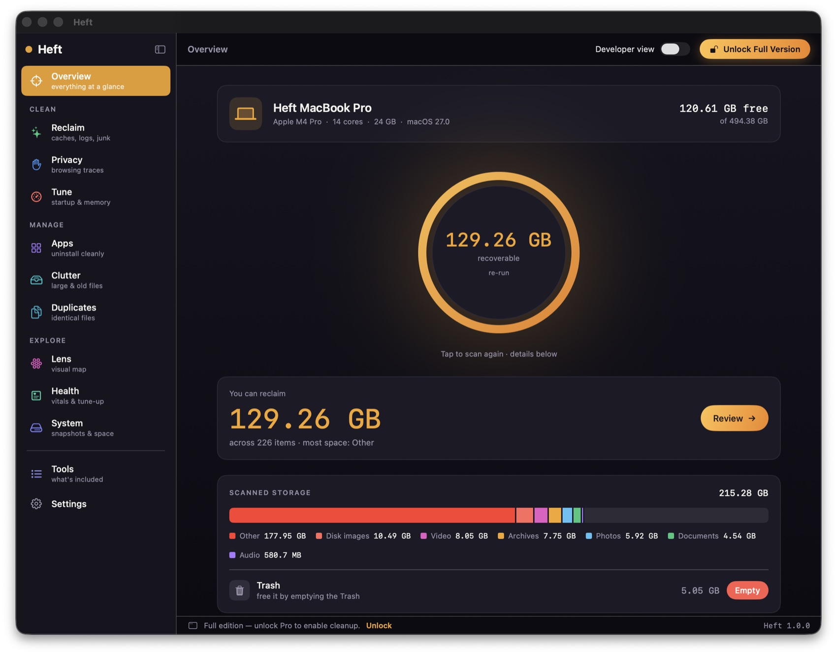 Heft Overview — recoverable space, scanned storage breakdown, and Trash